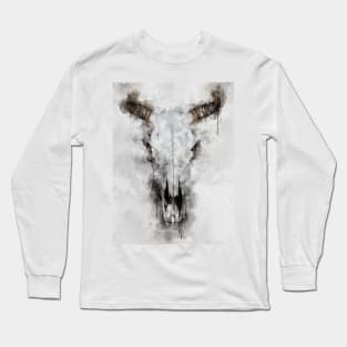 Dramabite Skull watercolor animal artistic texas desert nature witch Long Sleeve T-Shirt
